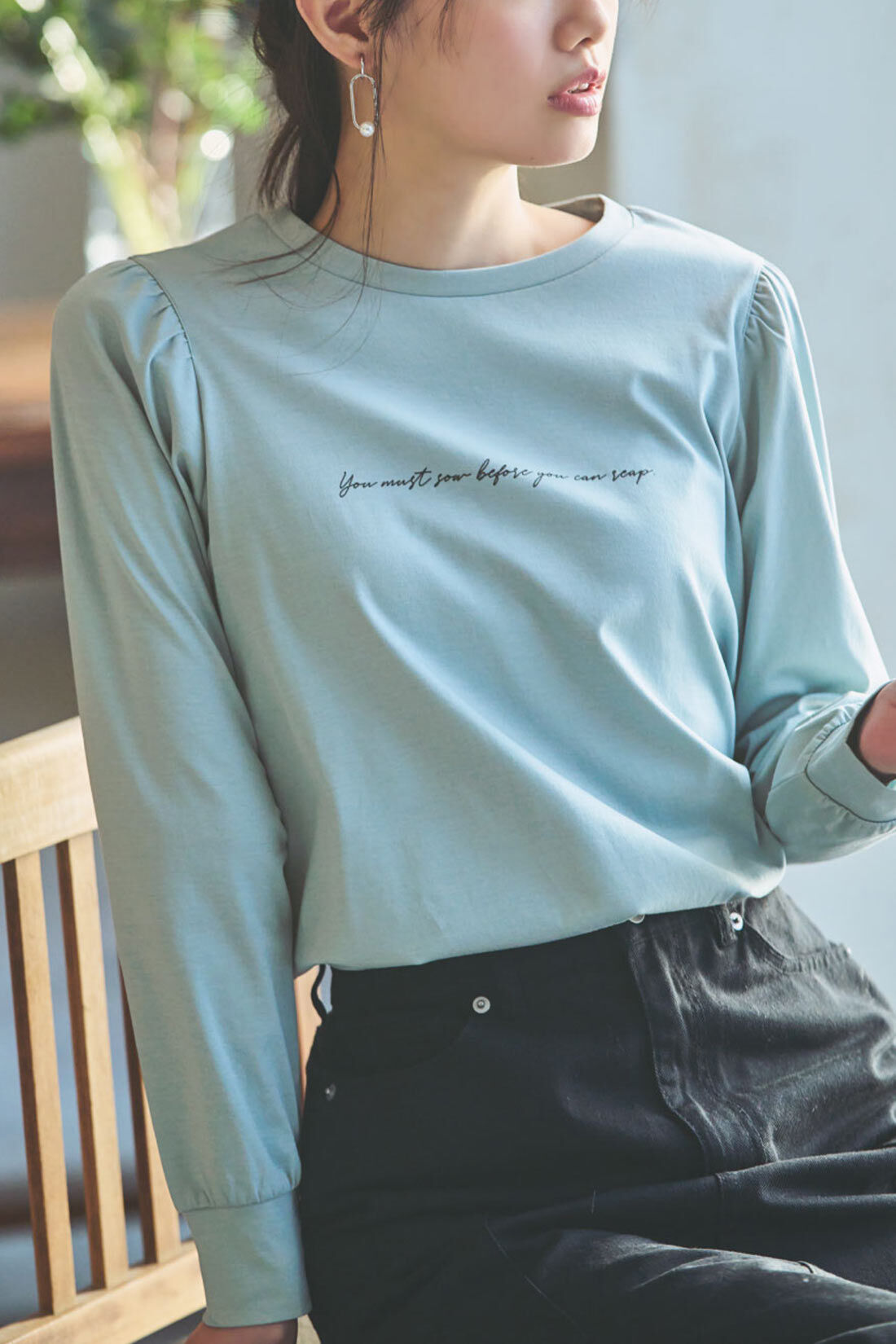 Real Stock|Live love cottonプロジェクト IEDIT[イディット]　パフスリーブロゴTシャツ〈サックスブルー〉