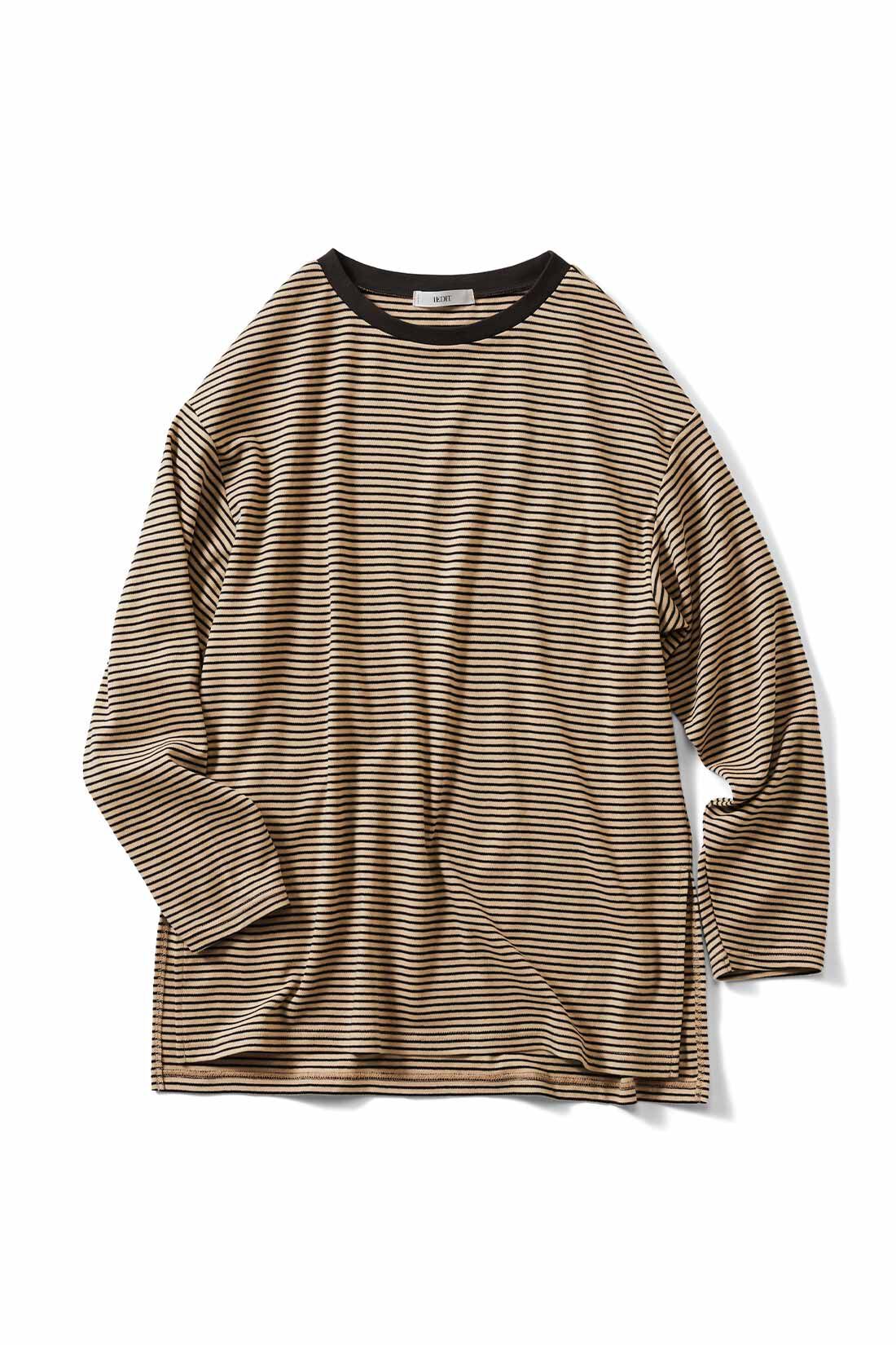realstock [リアルストック]（Express BOX）|Live love cotton（R）プロジェクト IEDIT[イディット]　極細ボーダーが大人っぽい オーバーサイズリンガーTシャツ〈ブラック×ベージュ〉|ブラック×ベージュ ※ネック部分はダークブラウンです。