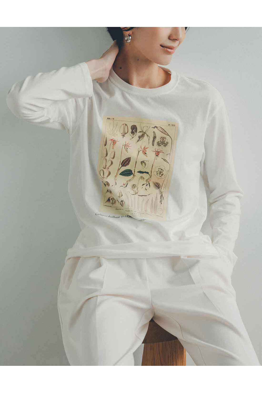 Real Stock|牧野植物園×IEDIT[イディット]コラボ 牧野博士の描いた植物図プリントTシャツ〈チャコール〉|これは参考画像です。お届けするカラーとは異なります。