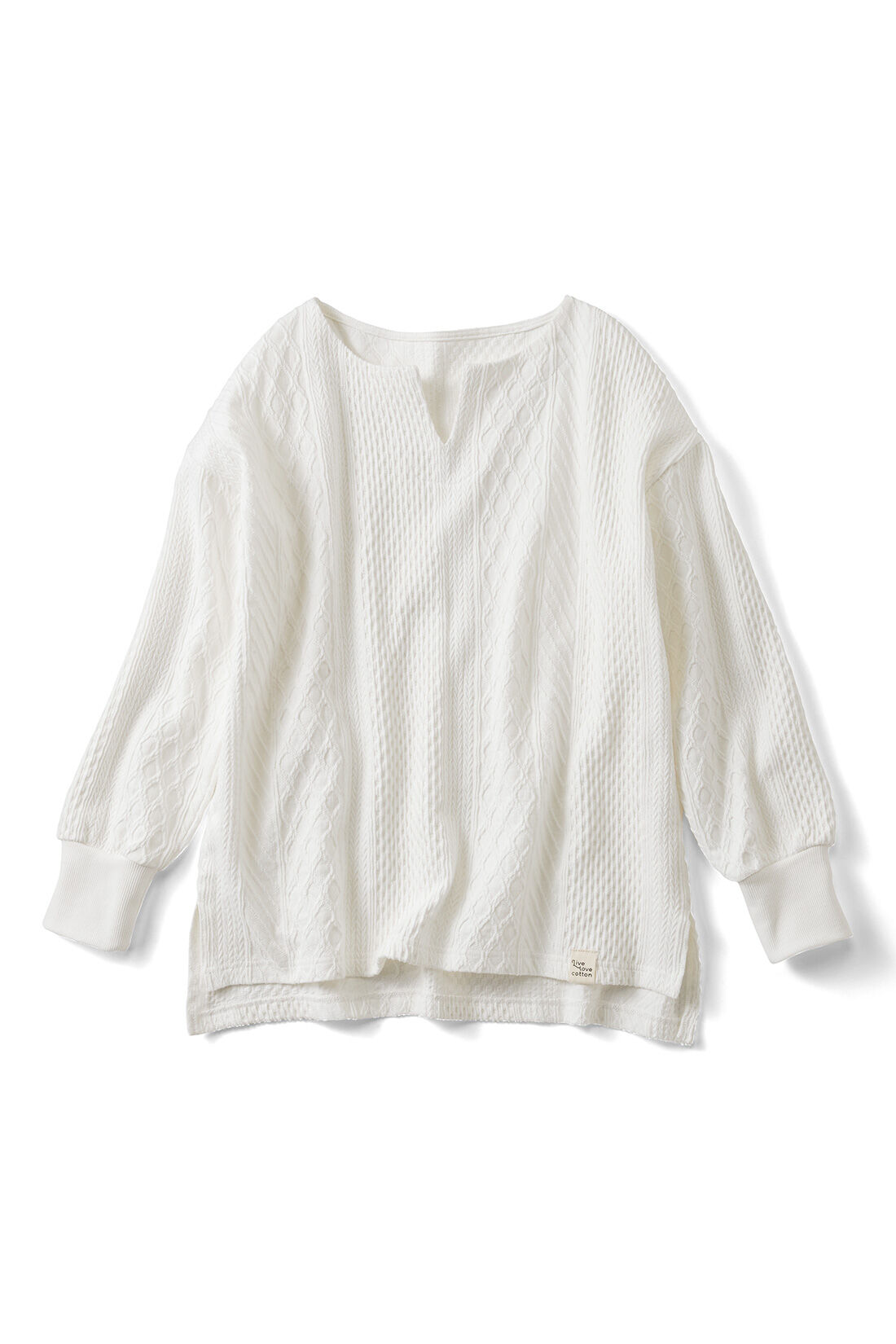 Real Stock|Live love cottonプロジェクト　リブ イン コンフォート　編み柄が素敵な袖口リブオーガニックコットントップス〈ホワイト〉|ホワイト