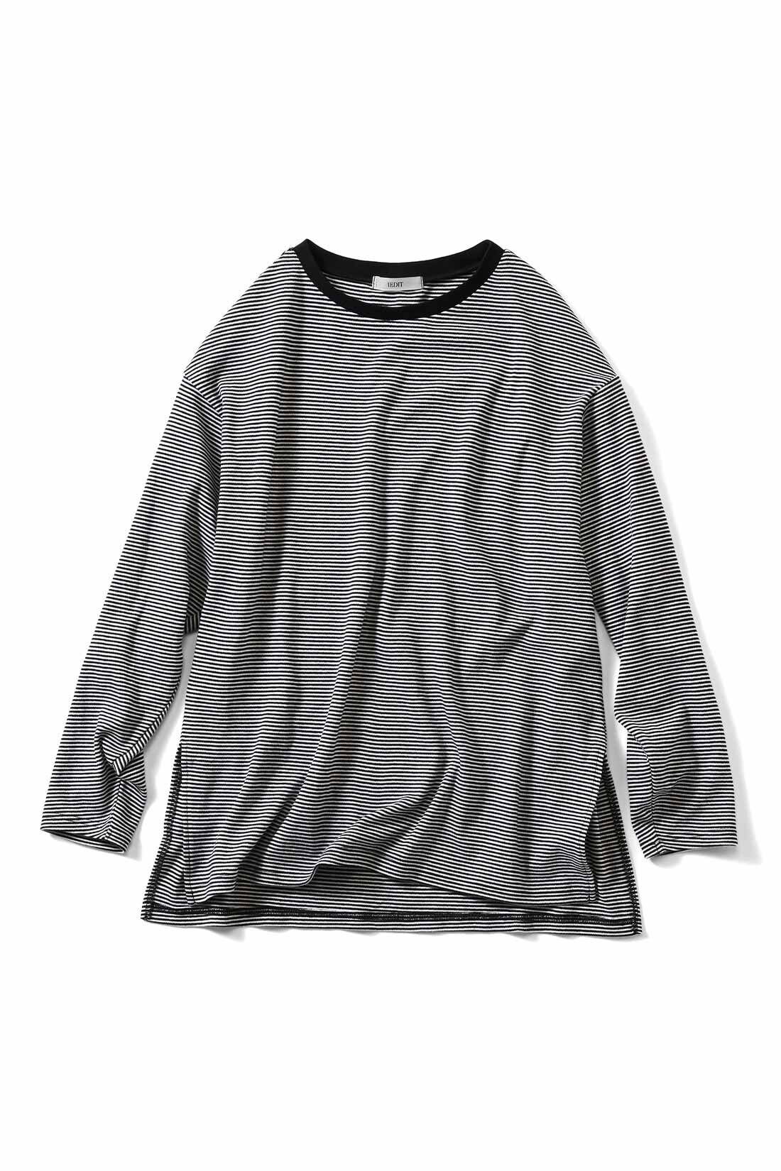 Real Stock|Live love cotton（R）プロジェクト IEDIT[イディット]　極細ボーダーが大人っぽい オーバーサイズリンガーTシャツ〈ブラック×オフホワイト〉|ブラック×オフホワイト