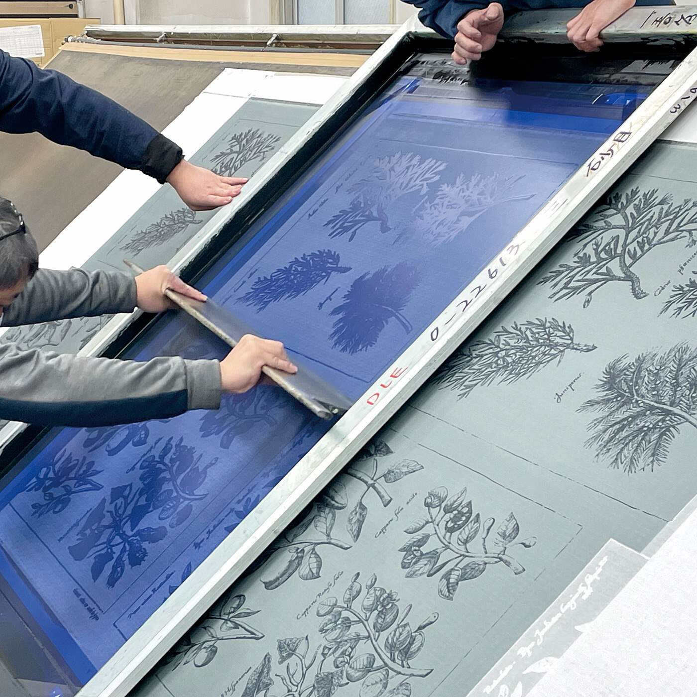 Real Stock|el:ment　ヴィンテージ植物画の世界を日常に　コットン100％ダブルガーゼのふんわりギャザーロングスカート〈チャコールグレー〉|見本は傾斜台で手刷り。集中力と細やかな技術が必要とされます。