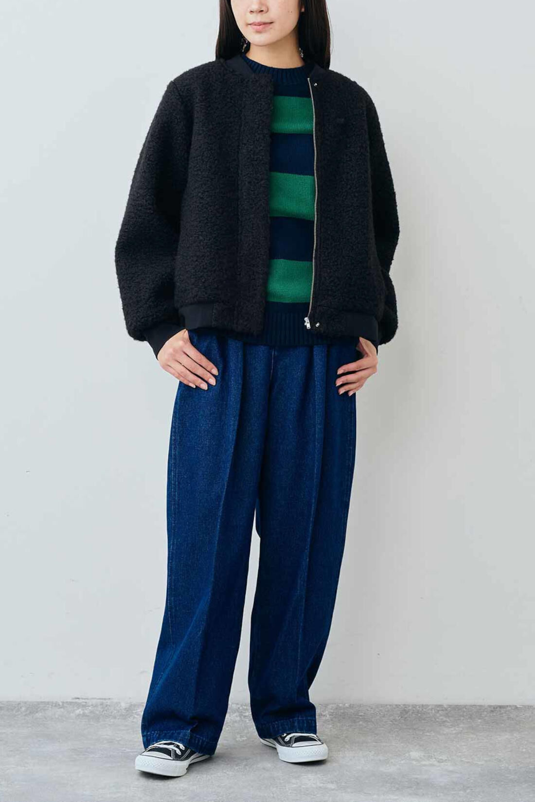 Real Stock|THREE FIFTY STANDARD　比翼のボアジップアップブルゾン〈ブラック〉|モデル身長：163cm　着用サイズ：M