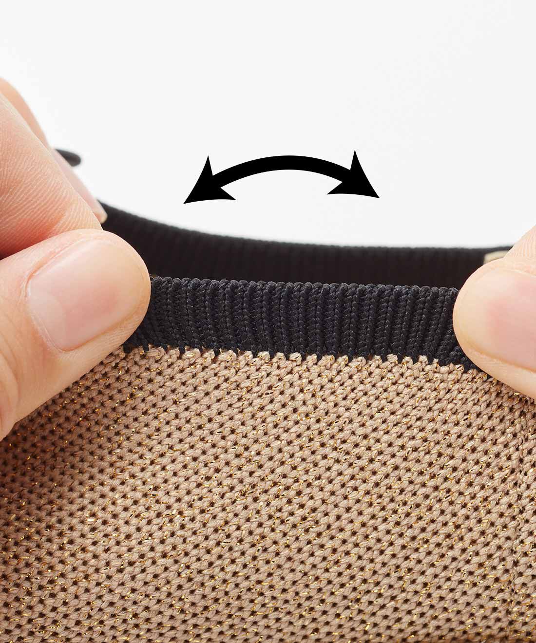 realstock [リアルストック]（Express BOX）| 【3～10日でお届け】リブ　イン　コンフォート　はまじとコラボ　　ほんのりラメが上品な　リボンニットシューティ〈ベージュ〉|履き口は伸びやかなニットリブで着脱スムーズ。