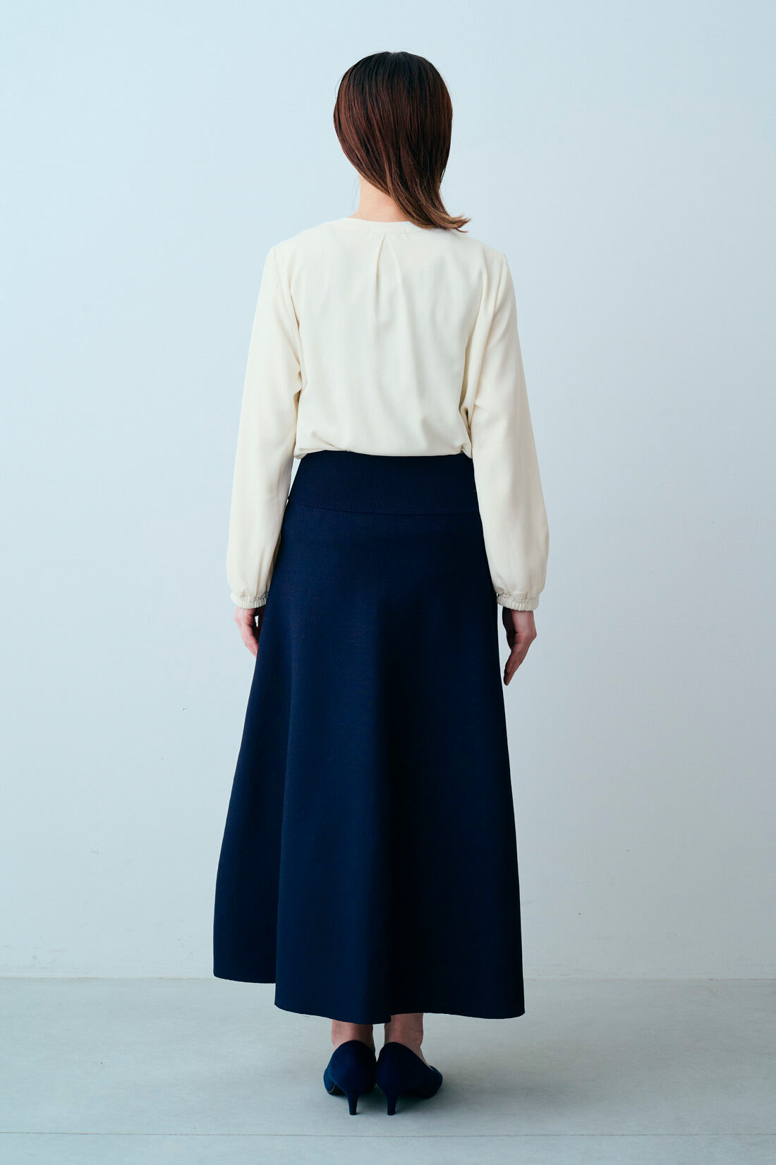 Real Stock|IEDIT[イディット]　福田麻琴さんコラボ　上品ニットセットアップ〈ダークネイビー〉|モデル身長：160cm　着用サイズ：M