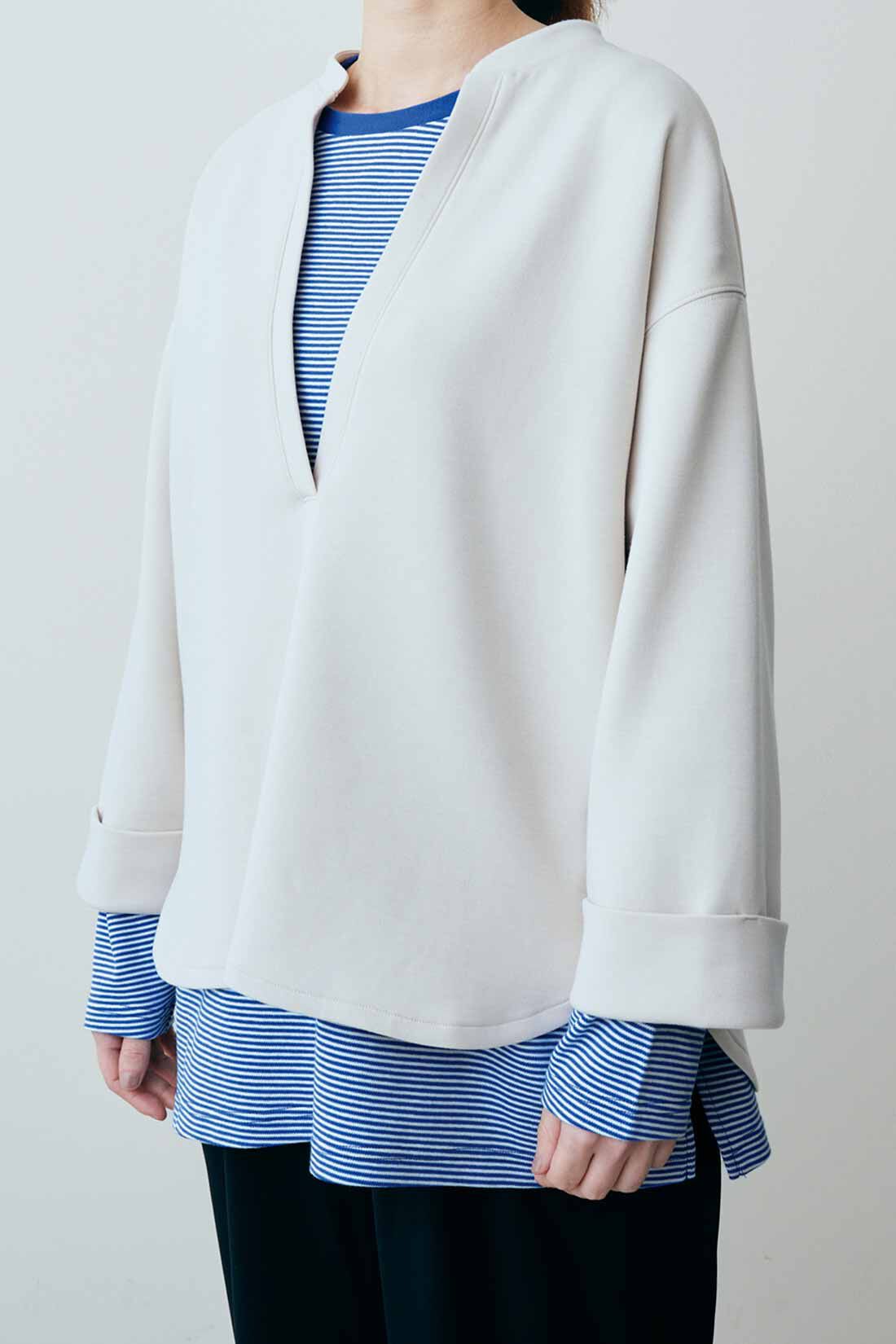 realstock [リアルストック]（Express BOX）|Live love cotton（R）プロジェクト IEDIT[イディット]　極細ボーダーが大人っぽい オーバーサイズリンガーTシャツ〈ブルー×オフホワイト〉|ボーダーがレイヤードスタイルのアクセントにも。