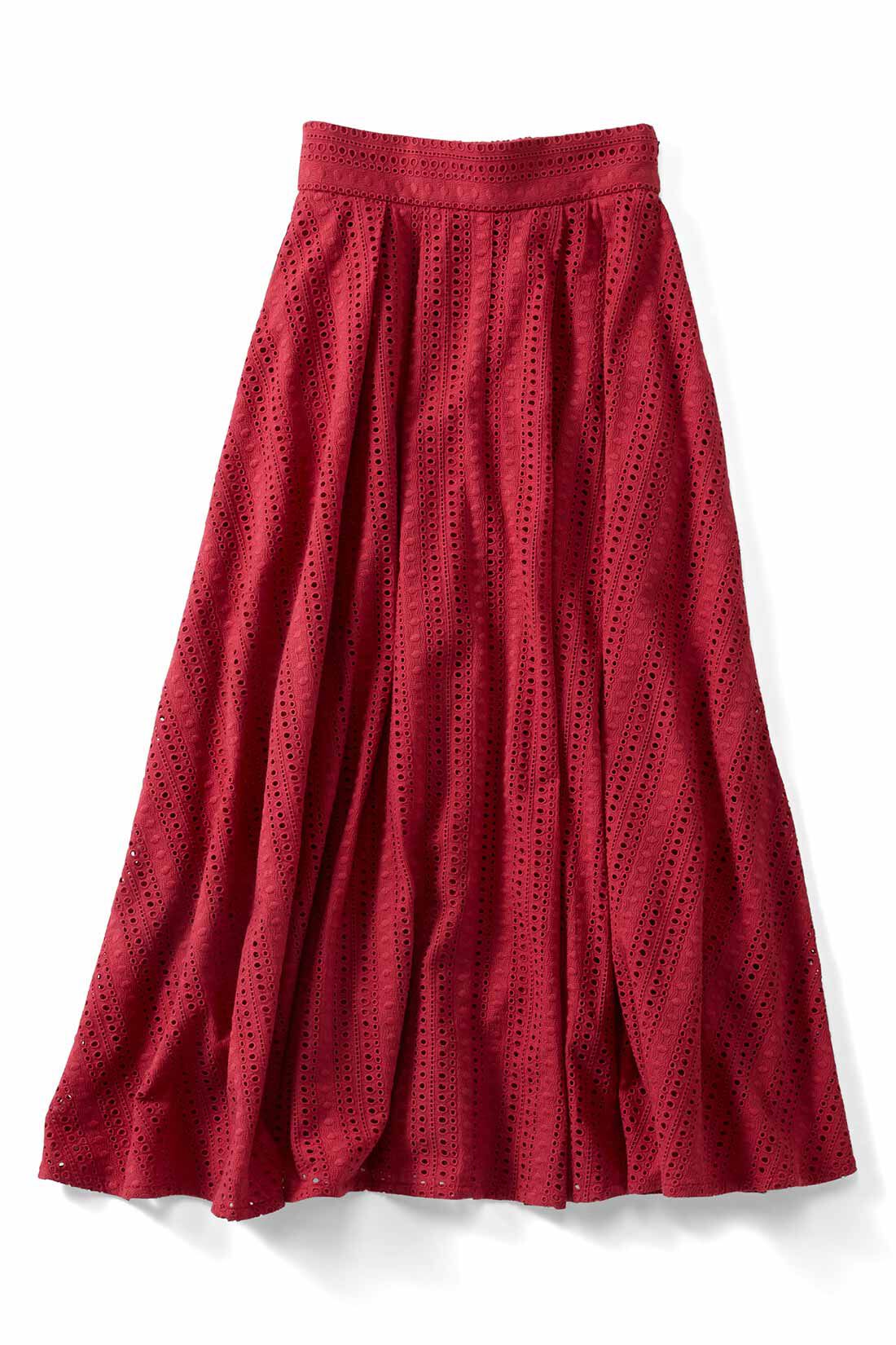 Real Stock|IEDIT[イディット]　ボーラーレースにときめく ボリュームロングスカート〈レッド〉|〈レッド〉 スカートは安心の裏地付き。すそ部分だけ軽やかな透け感を楽しめます。