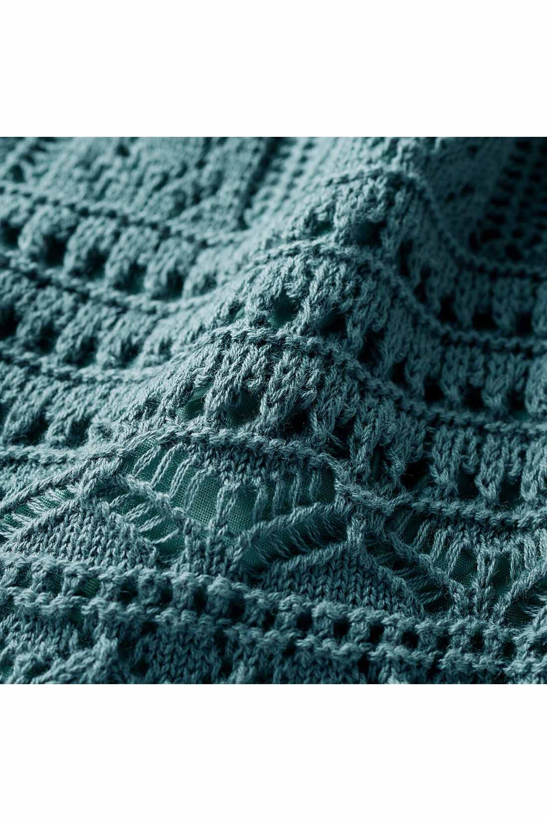 Real Stock|IEDIT[イディット]　クロシェ編み風ロングニットスカート〈グリーン〉|いくつもの編み柄を複雑に組み合わせて、クラフト感のある印象に。