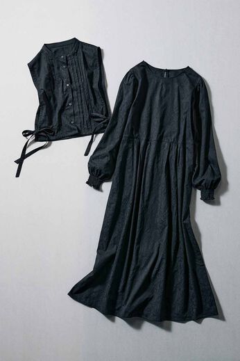 Real Stock | ２−ＷＡＹジャカードブラックワンピース　リブイン