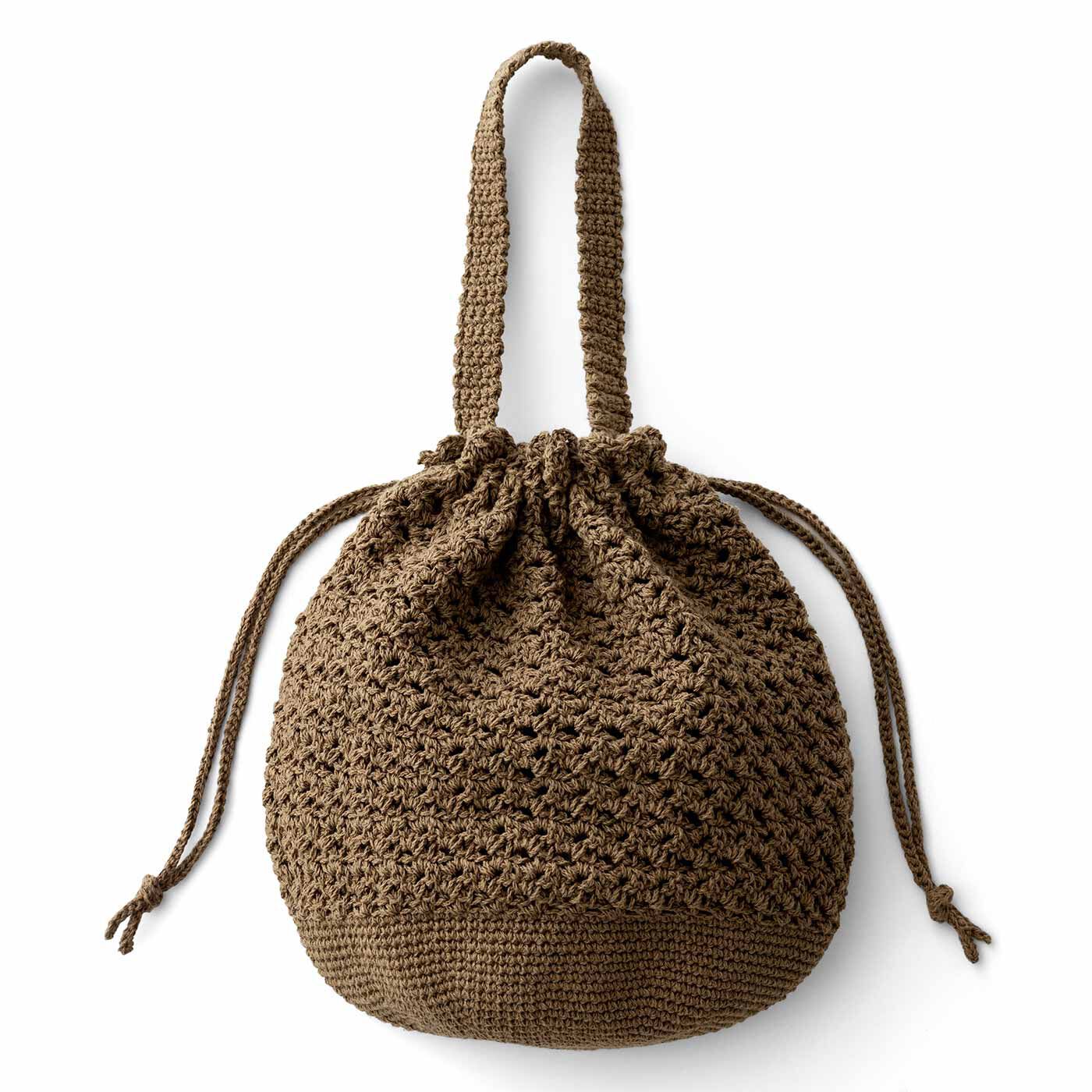 Real Stock|涼しげな編み地が自慢 透け感がおしゃれなかぎ針編みバッグ|5：ウッドブラウンの丸底バッグ