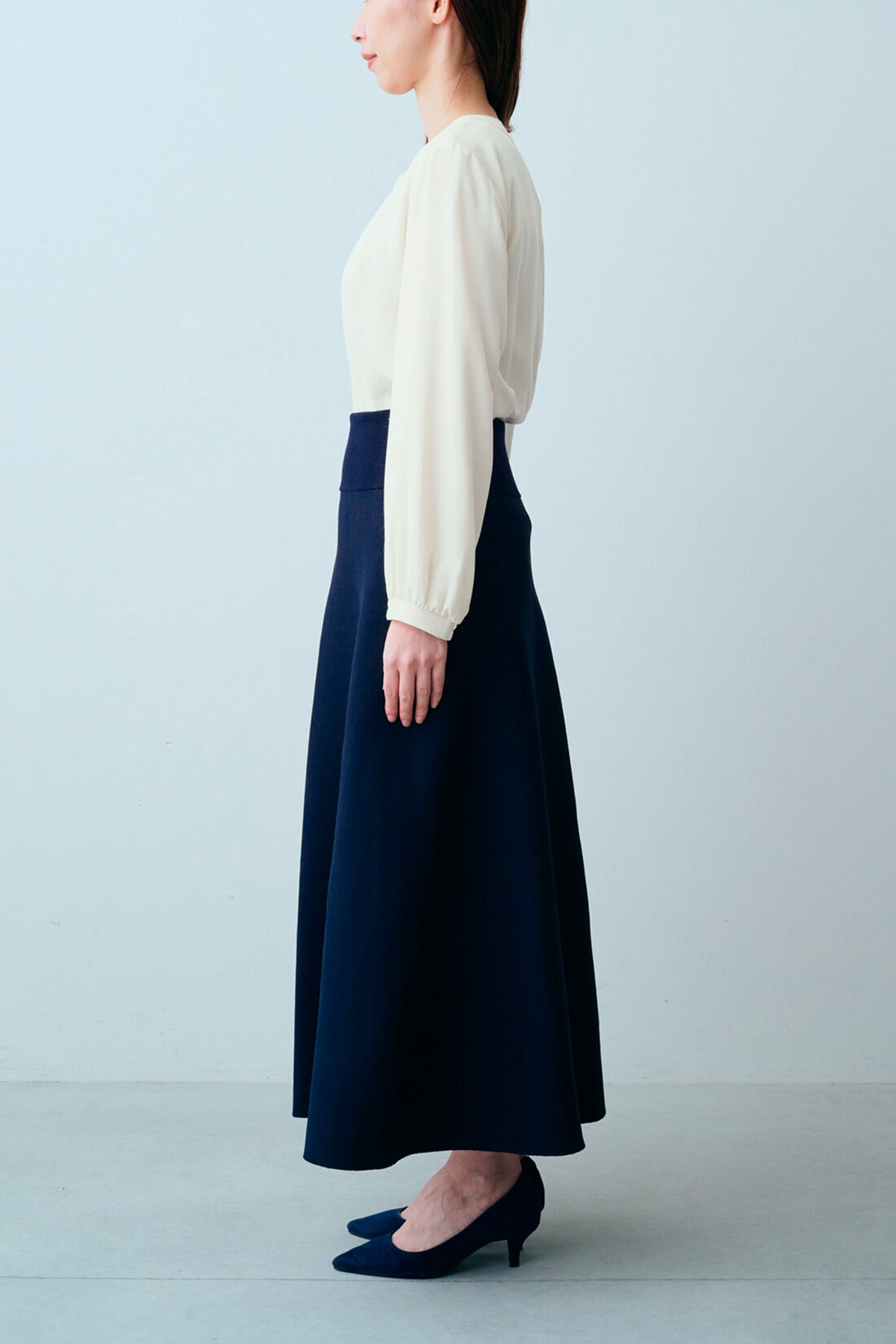 Real Stock|IEDIT[イディット]　福田麻琴さんコラボ　上品ニットセットアップ〈ダークネイビー〉|モデル身長：160cm　着用サイズ：M