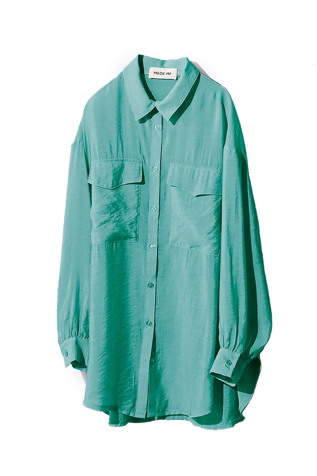 Real Stock|【MEDE19F】シルキーサテンロングシャツ〈グリーン〉|〈グリーン〉