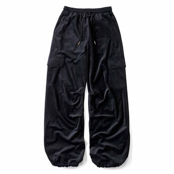 Real Stock | はき心地やわらか 上品艶ベロアのパラシュートパンツ〈ブラック〉