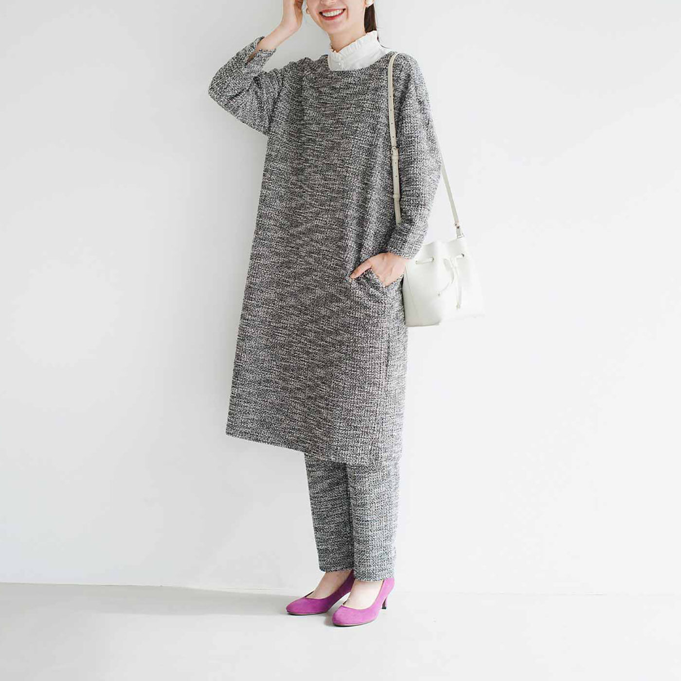 realstock [リアルストック]（Express BOX）|フラウグラット　上品華やかきちんと見え♪ 大人ツイード調カットソーのスタイルアップパンツ〈ブラック〉