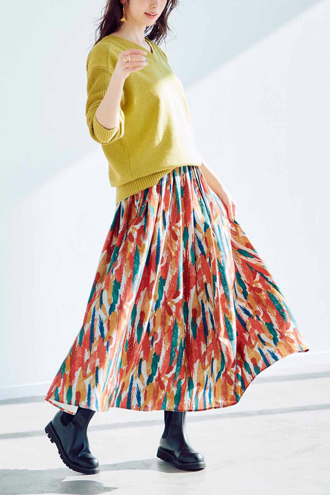 Real Stock|IEDIT[イディット]　ルノワールの色彩をまとう アートペイント柄のマルチカラーボリュームロングスカート