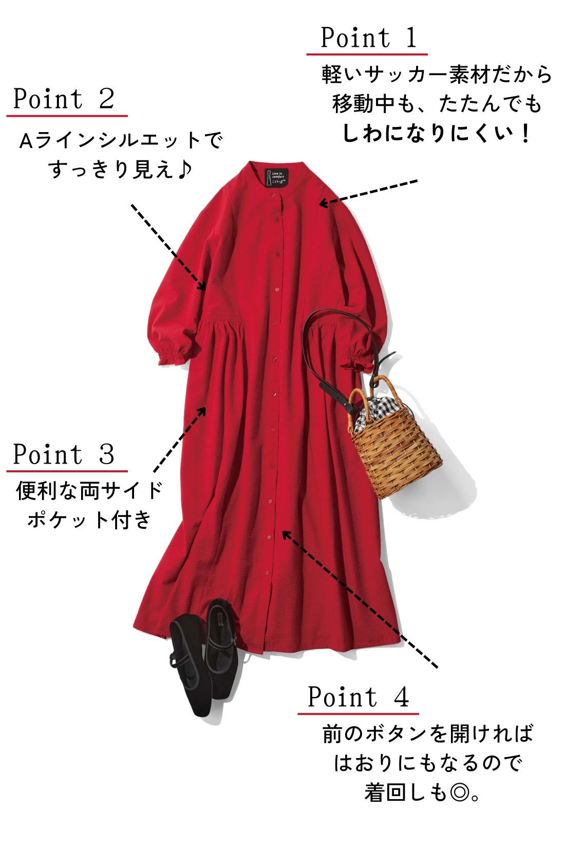 realstock [リアルストック]（Express BOX）|【3～10日でお届け】リブ イン コンフォート ことりっぷコラボ　旅行に連れていきたくなる！ 一枚あると便利な着映えワンピース〈レッド〉