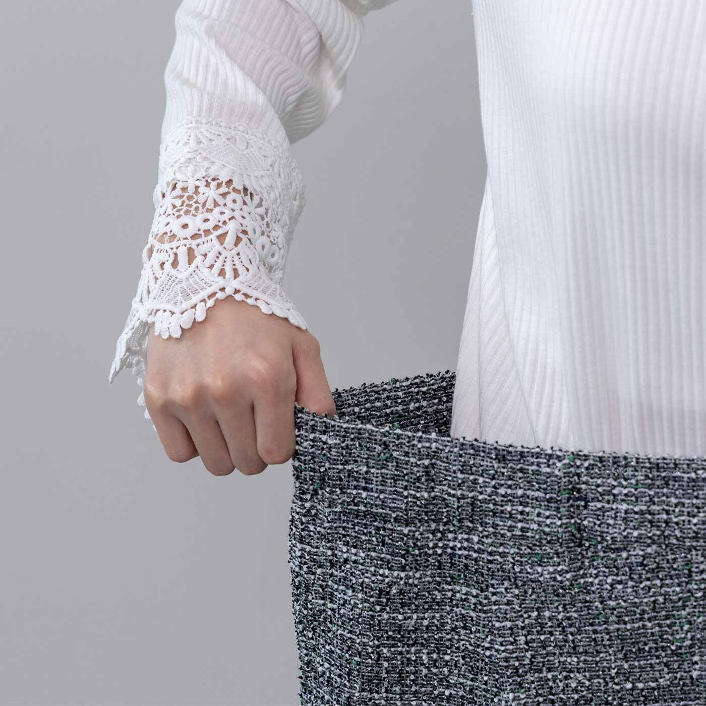 realstock [リアルストック]（Express BOX）|フラウグラット　上品華やかきちんと見え♪ 大人ツイード調カットソーのスタイルアップパンツ〈ブラック〉|ウエストは総ゴムでらくちん。