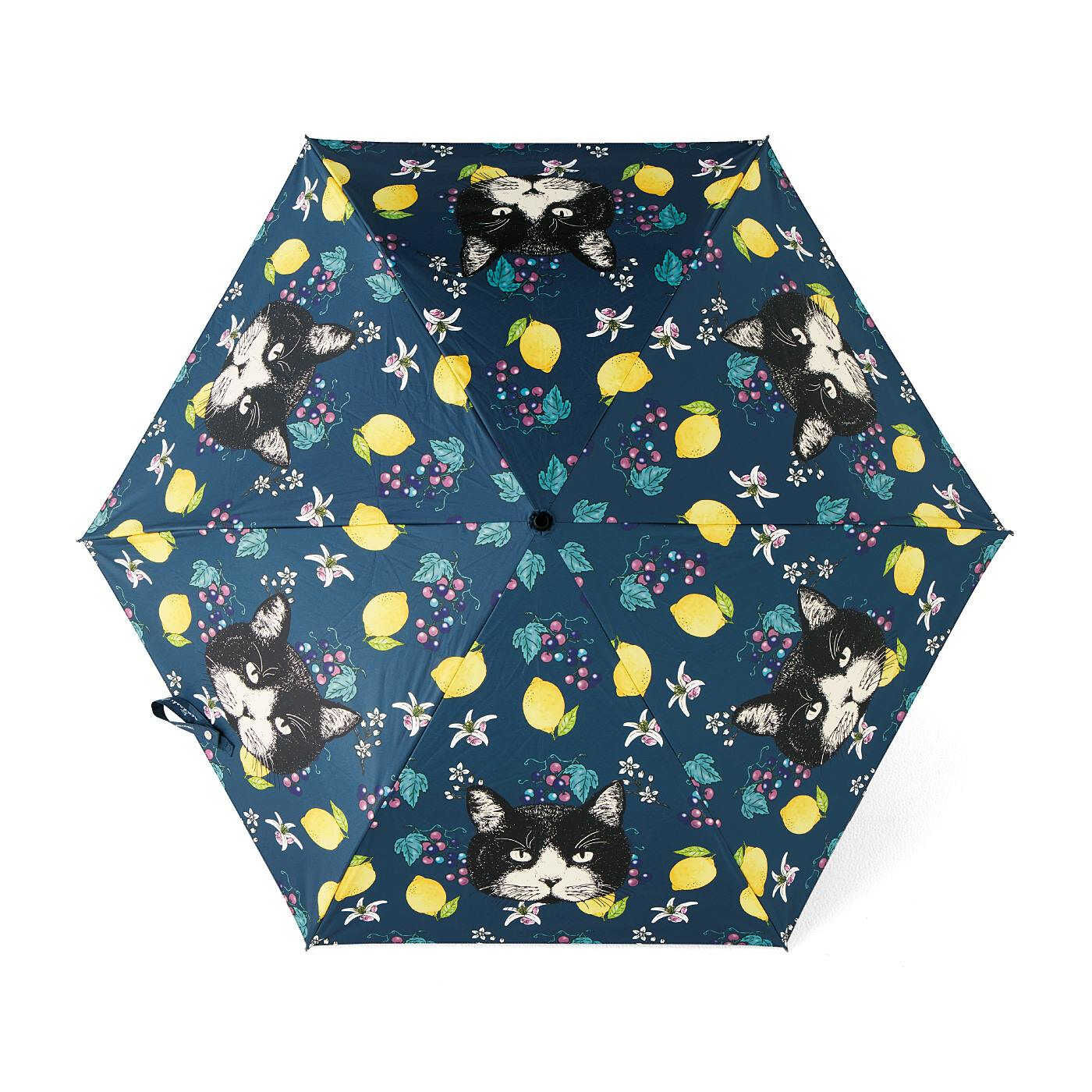 realstock [リアルストック]（Express BOX）|nemunoki paper item×猫部　猫と実りのUVカット晴雨兼用折りたたみ傘|ハチワレ猫さんとフルーツが華やかなデザイン。