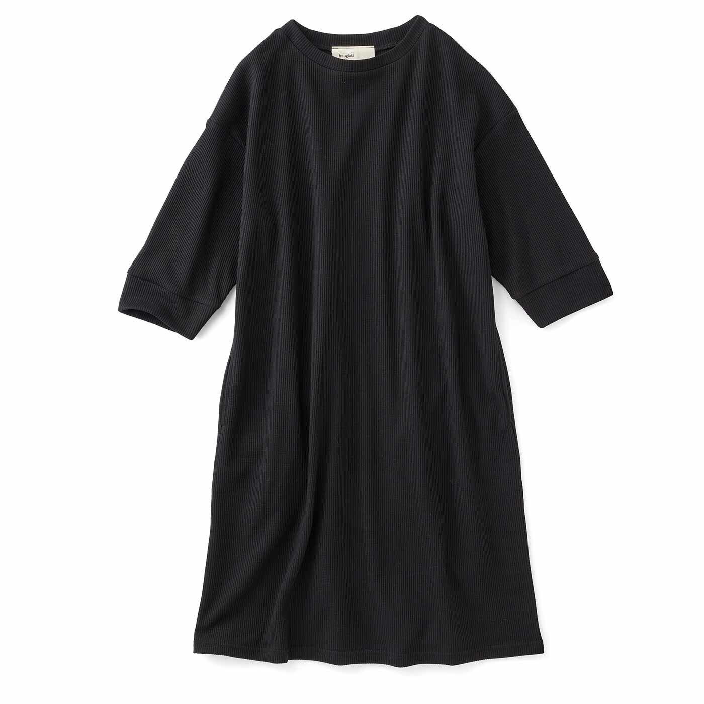 Real Stock|フラウグラット 伸びやからくちん♪ 着心地さらりのきれいめワッフルチュニック〈ブラック〉|〈ブラック〉
