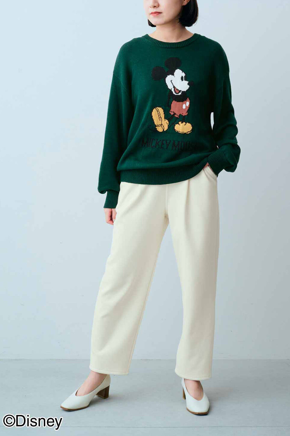 Real Stock|IEDIT[イディット]　Disney「ミッキーマウス」ジャカードニット〈グリーン〉|モデル身長：163cm　着用サイズ：M