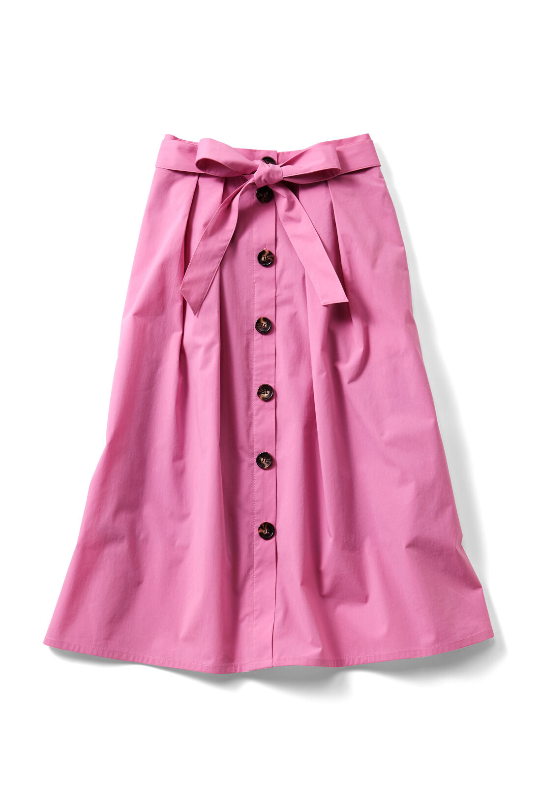 Real Stock|IEDIT フロントボタンフレアースカート〈ピンク〉|トレンドカラーの〈ピンク〉　ウエストコンシャスなリボンベルトでコーデにメリハリ。トレンチコートのようなフロントデザイン。上から４つめ以降は飾りボタンです。
