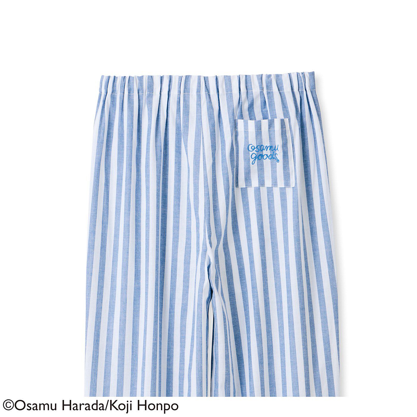 Real Stock|USEDo×OSAMU GOODS　タイムレスな「かわいい」　ジルとおそろい　ストライプパジャマ|パンツの後ろポケットにはOSAMU GOODSのロゴを刺しゅう。