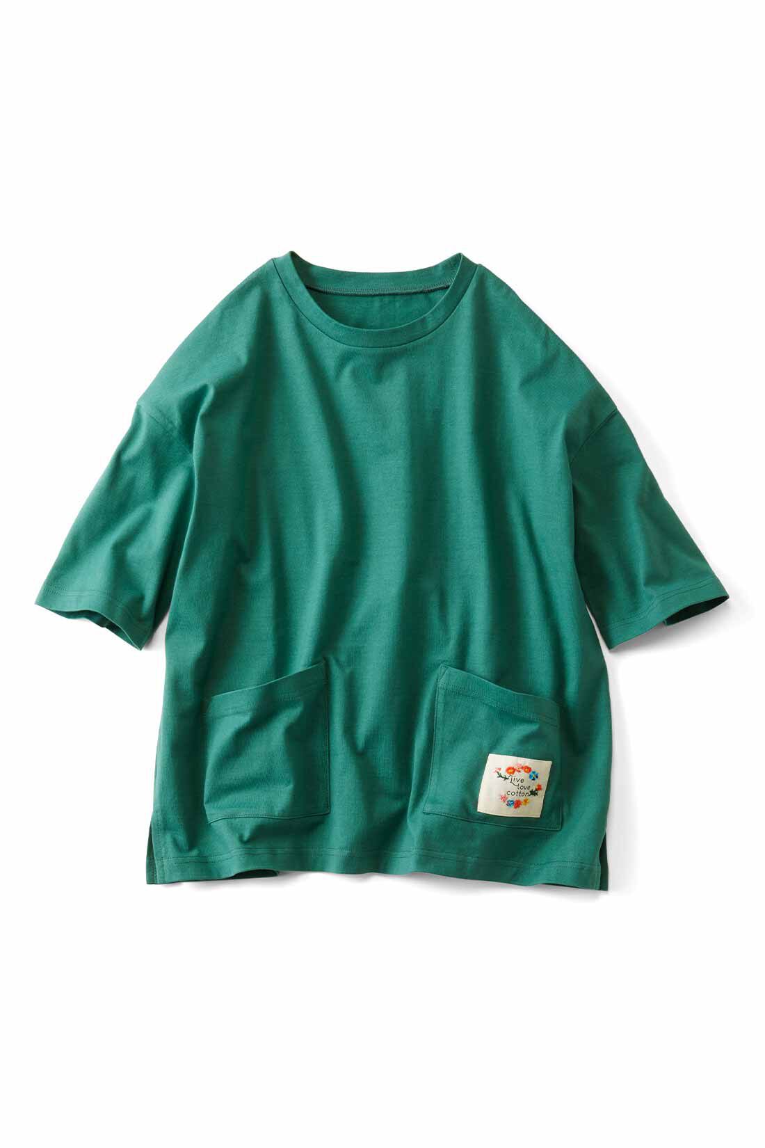 realstock [リアルストック]（Express BOX）|Live love cotton（R）プロジェクト リブ イン コンフォート インドの刺しゅうガールズとつくった つながるフラワー オーガニックコットンポケットTシャツ〈グリーン〉|グリーン