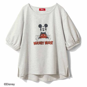 Real Stock | Disney 「ミッキーマウス」 古着風 プリント パフスリーブ Ｔシャツ 〈ベージュ〉