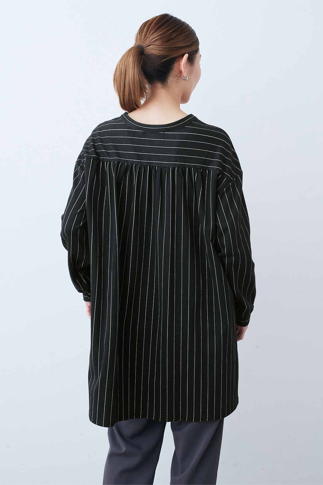 Real Stock|IEDIT[イディット]　布はく見えして実はらくちんカットソー ストライプロングシャツプルオーバー〈ダークグレー〉