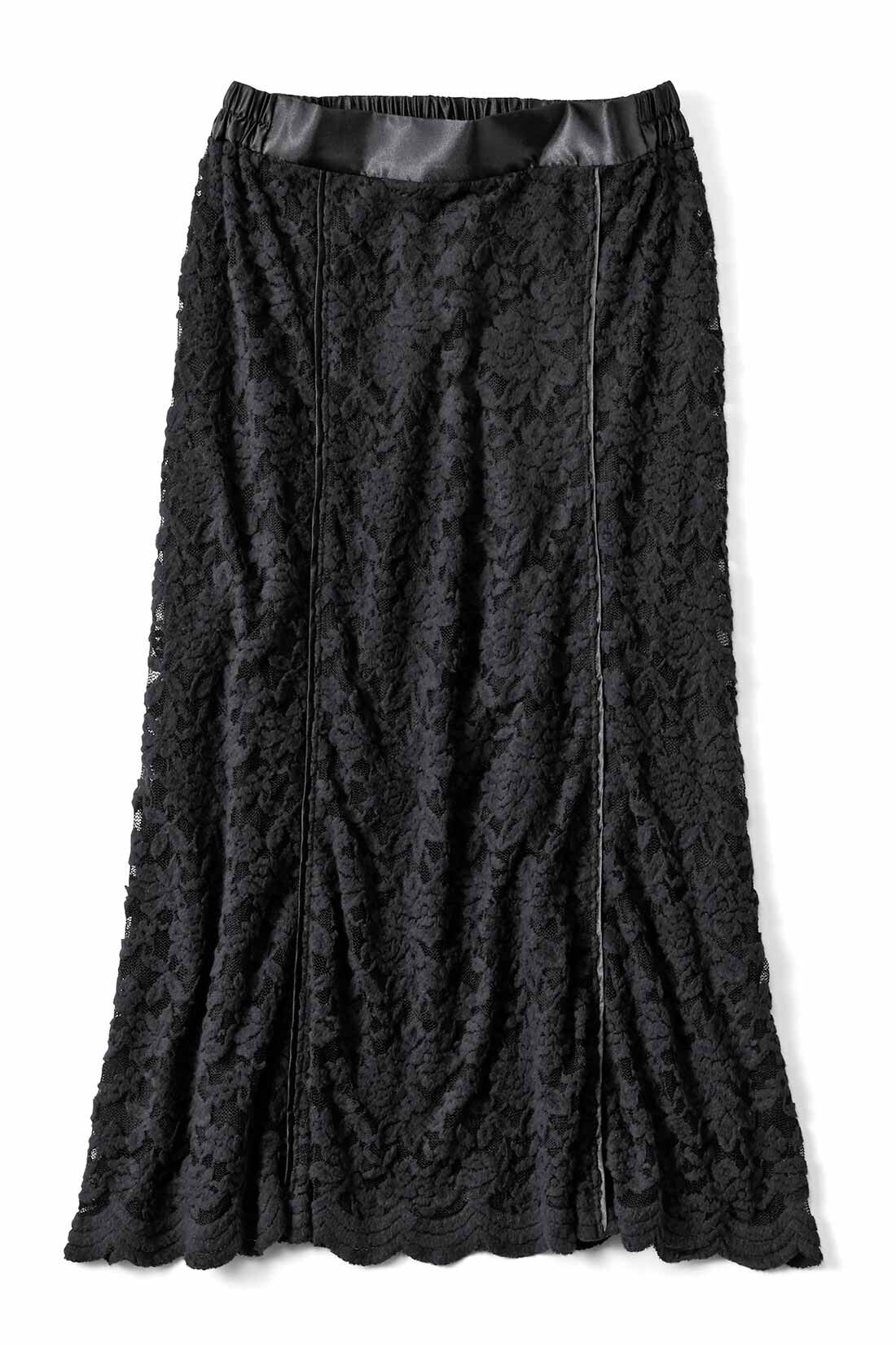 Real Stock|IEDIT[イディット]　帯電防止インナーがうれしい 起毛レーススカート〈ブラック〉|ブラック　サテンテープの切り替えが作るきれいな縦長シルエットが魅力。