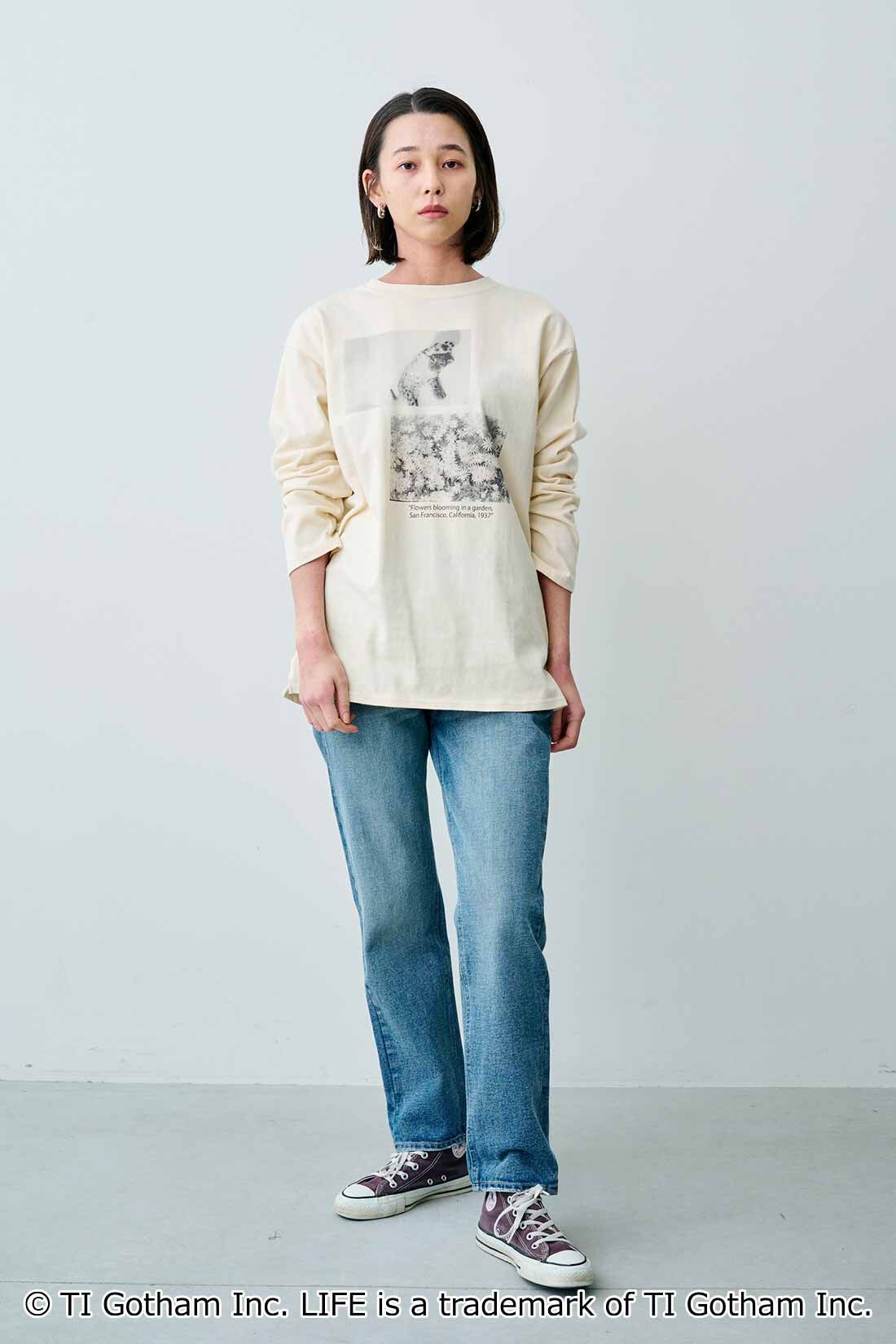 realstock [リアルストック]（Express BOX）|【MEDE19F】グラフ誌LIFEフォトプリントロングTシャツ〈クリーム〉|モデル身長：168cm　着用サイズ：M