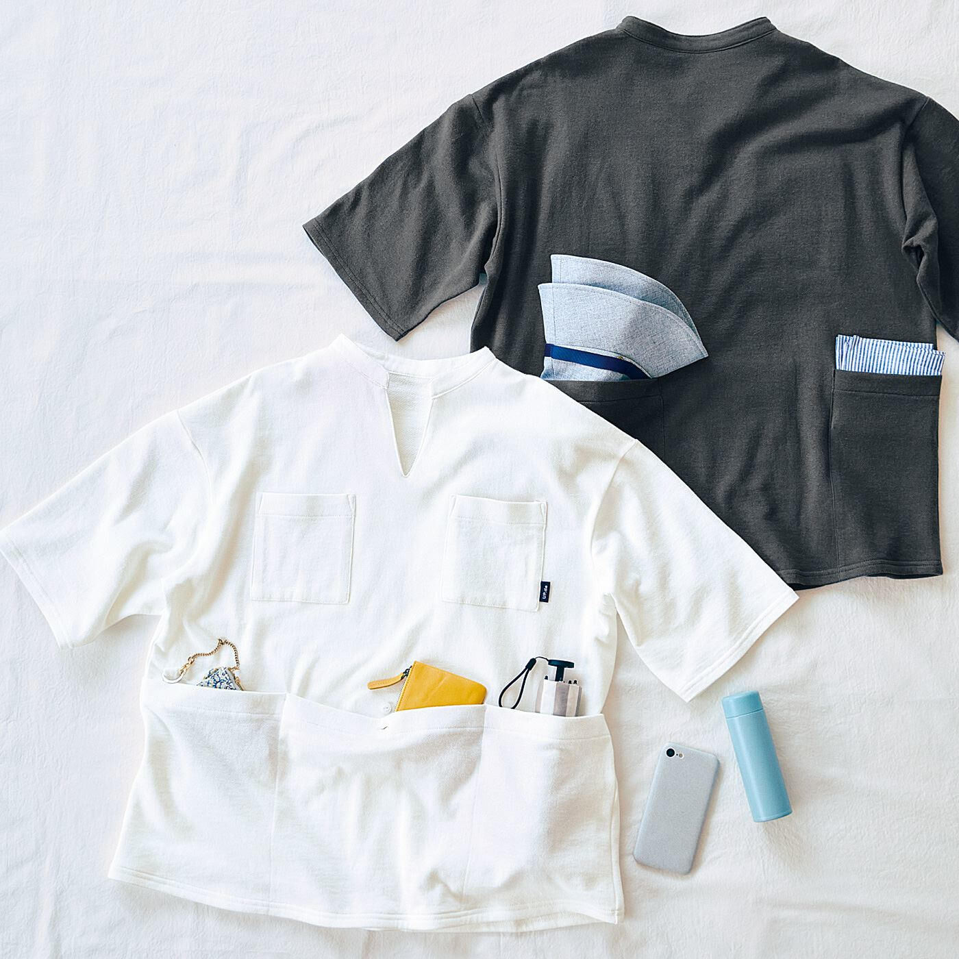 Real Stock|UP.de　着られるバッグ Tシャツ感覚なのにきれい見えする ポケットいっぱい てぶらなカットソースキッパーシャツ〈オフホワイト〉