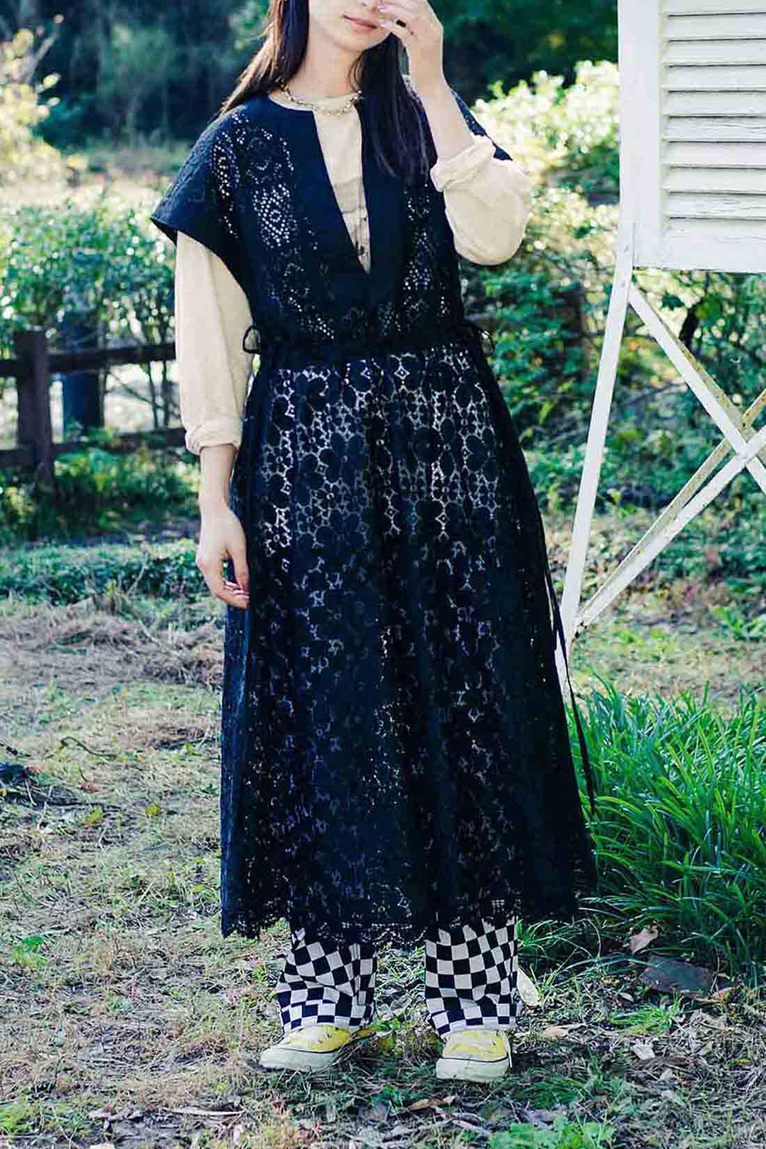 MEDE19F】クロシェレース風素材のオーバーワンピース〈ブラック MEDE19F】クロシェレース風素材のオーバーワンピース〈ブラック