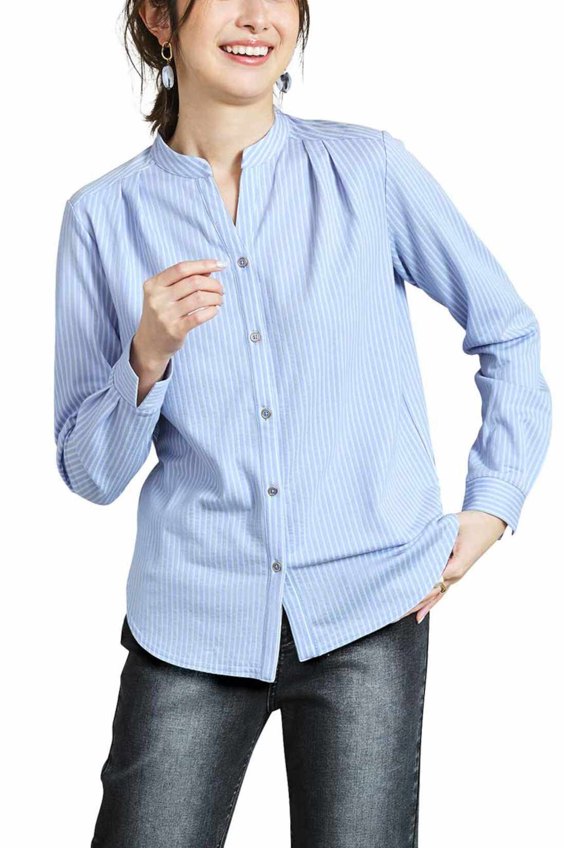 Real Stock|IEDIT[イディット]　抗菌防臭がうれしい きちんとシャツ見えして伸びやかな 美ノビシャツブラウス〈ブルー〉