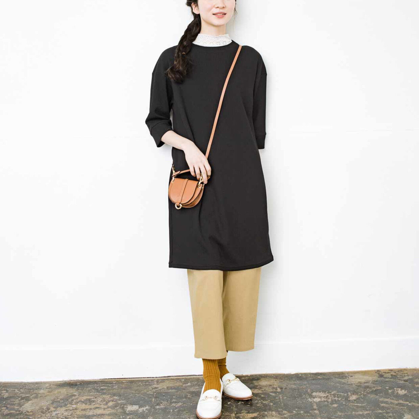 Real Stock|フラウグラット 伸びやからくちん♪ 着心地さらりのきれいめワッフルチュニック〈ブラック〉