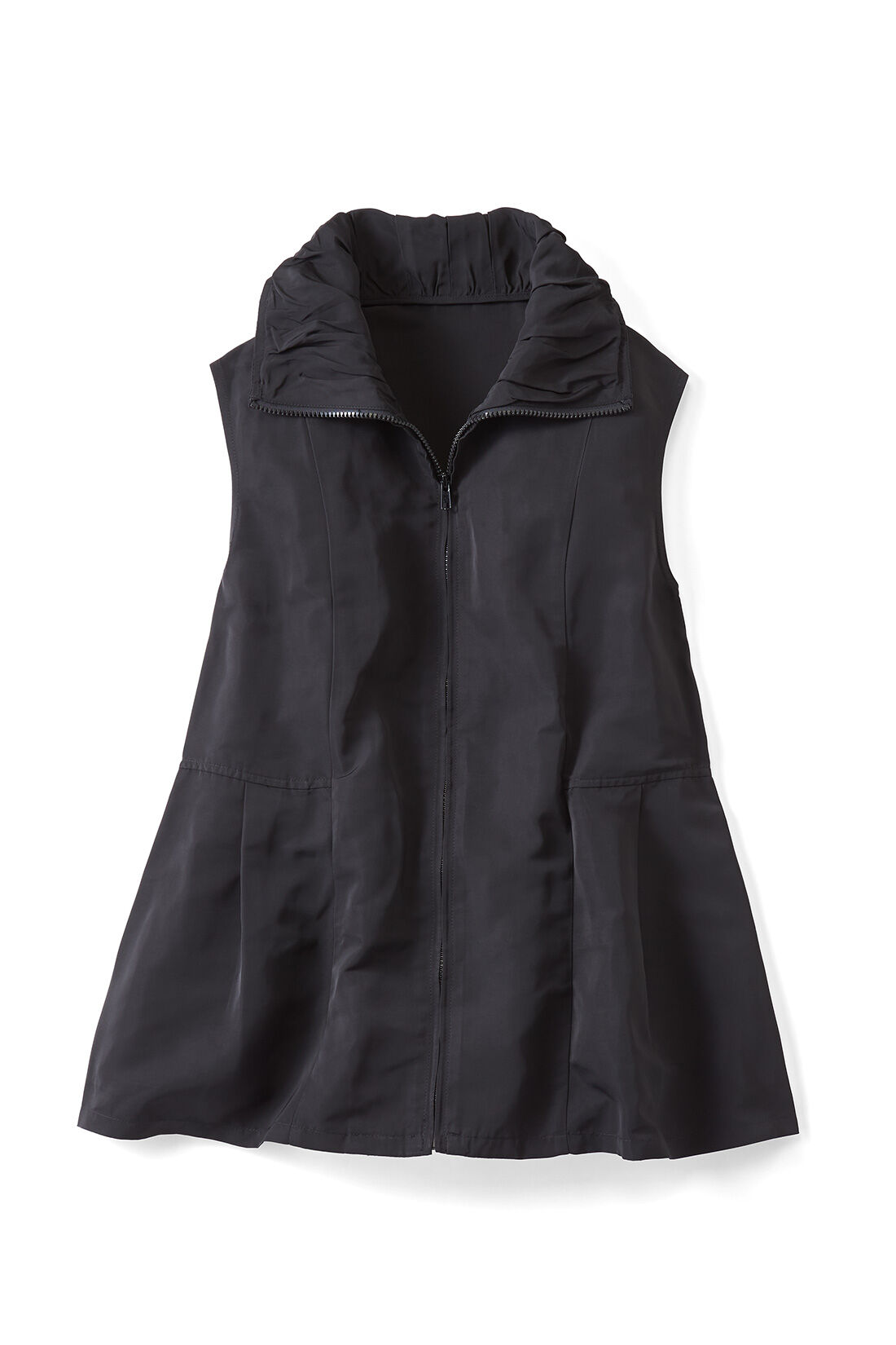 Real Stock|お化粧感覚でパっと着映える 衿もとニュアンスギャザーのすそペプラムジップアップベスト〈ブラック〉