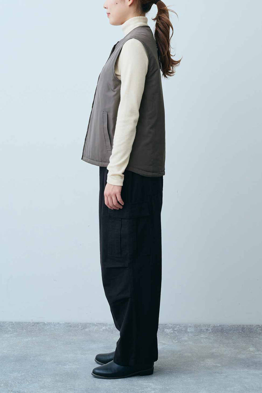 Real Stock|THREE FIFTY STANDARD　あったか両面起毛 タートルインナー〈オフホワイト〉| モデル身長：165cm　着用サイズ：M