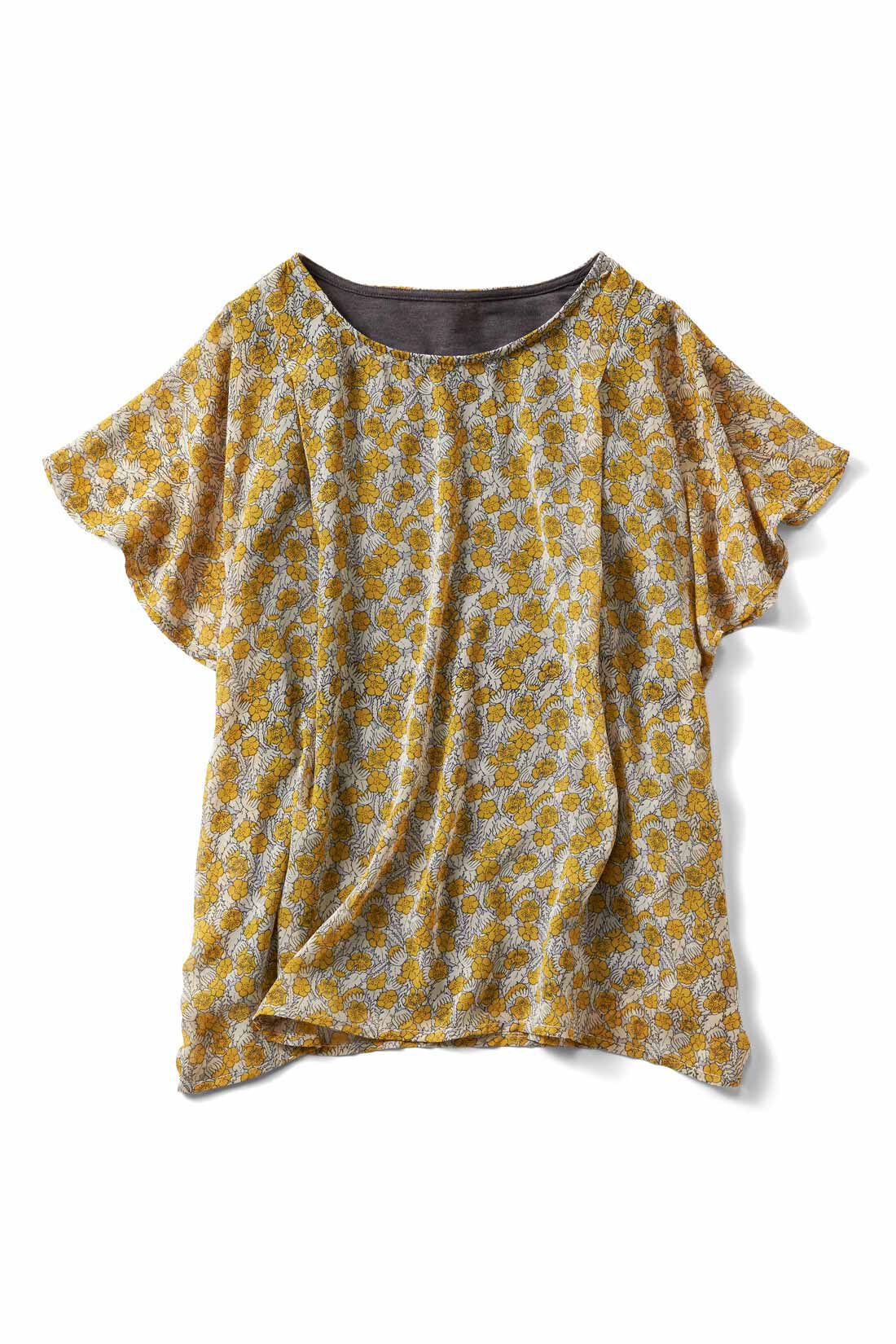Real Stock|リブ イン コンフォート　Tシャツ感覚で着られる ひらり花柄シフォントップス〈イエロー×グレー〉