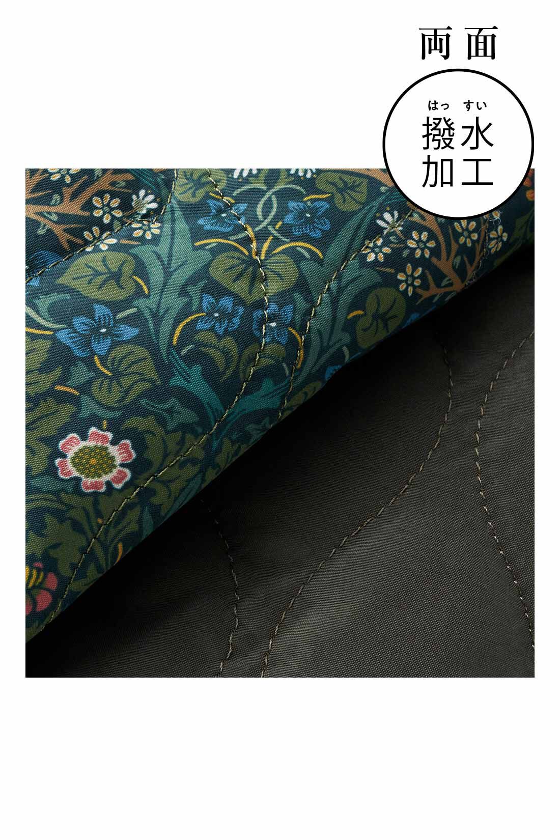 Real Stock|リブ イン コンフォート　大人モリスの世界 「ブラックソーン」柄の 軽やかに着られる撥水キルティングリバーシブルコート〈カーキ〉|小さめのひょうたんキルトが上品ですっきり見えする軽やかな素材。