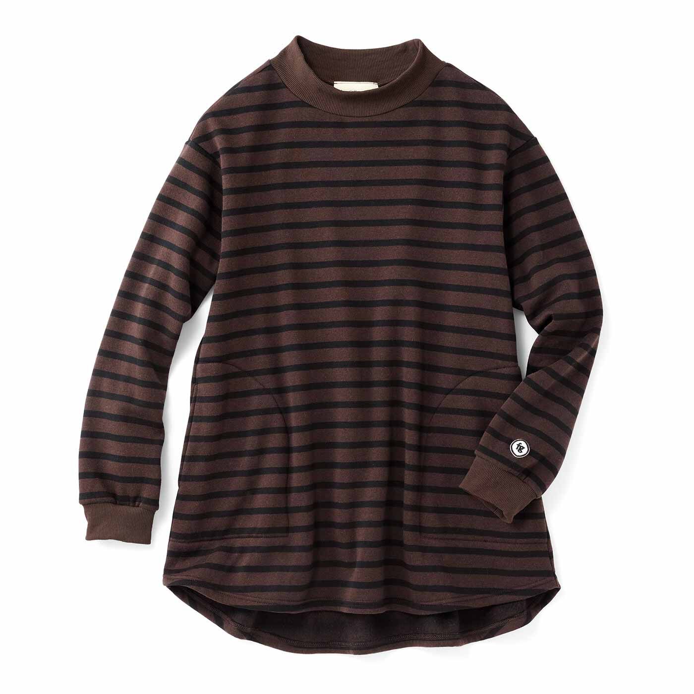 realstock [リアルストック]（Express BOX）|フラウグラット　シックな大人色ボーダーの かるホカ裏起毛ひらりチュニック〈ブラック×チョコレート〉|〈ブラック×チョコレート〉