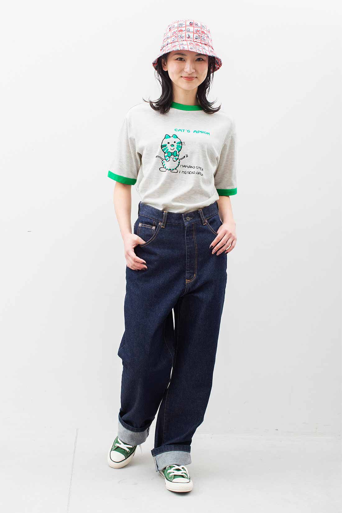 realstock [リアルストック]（Express BOX）|シモジマコラボ レトロ包装紙をとびだした ゆるっとファンシーリンガーTシャツ〈ストップペイル〉〈ネコグリーン〉