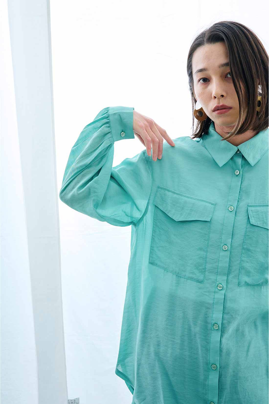 Real Stock|【MEDE19F】シルキーサテンロングシャツ〈グリーン〉
