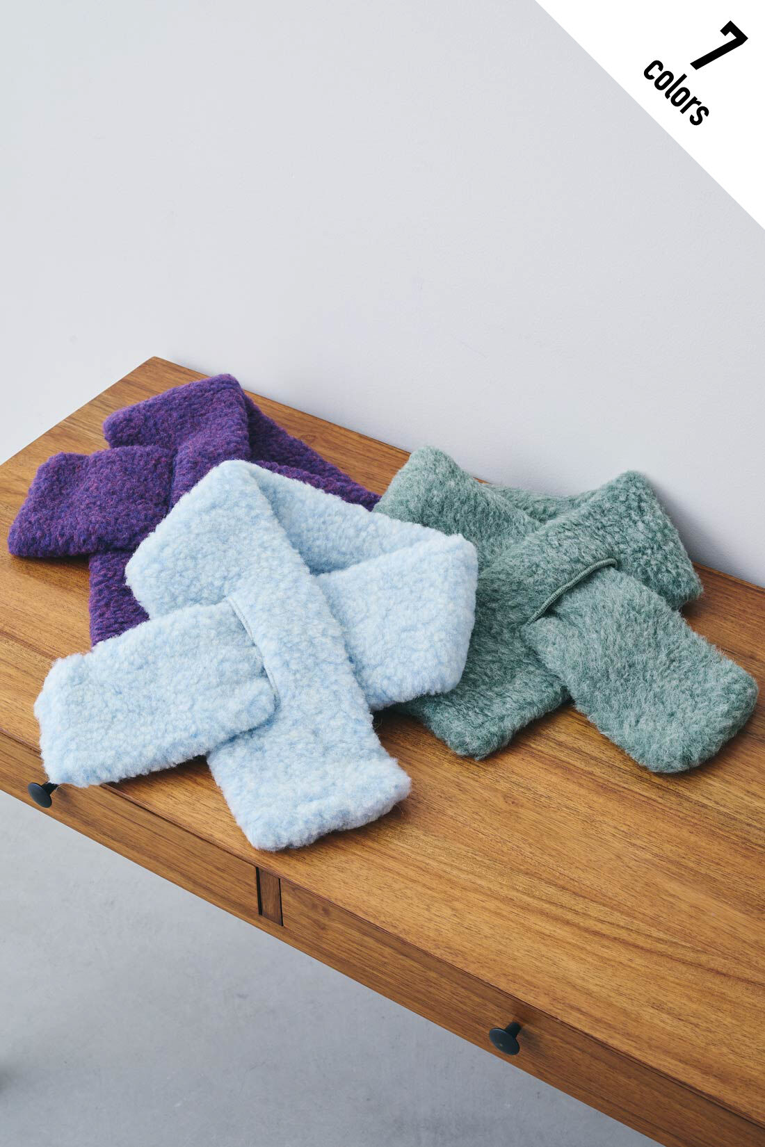 realstock [リアルストック]（Express BOX）|MEDE19F 〈SELECT〉 【SHEEP BY THESEA】 WOOL　マフラー|上から〈VIOLET〉〈LIGHT BLUE〉〈GREEN〉
