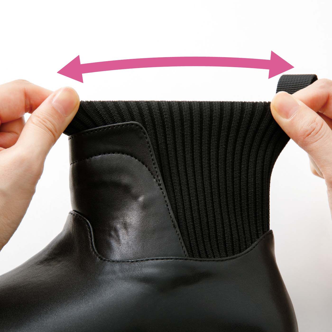 Real Stock|UP.de　きちんと見えるのにするんと履ける らくちんニット遣いの防水仕様ブーツ|筒部分はストレッチニットなので、するっとらくに足入れできます。