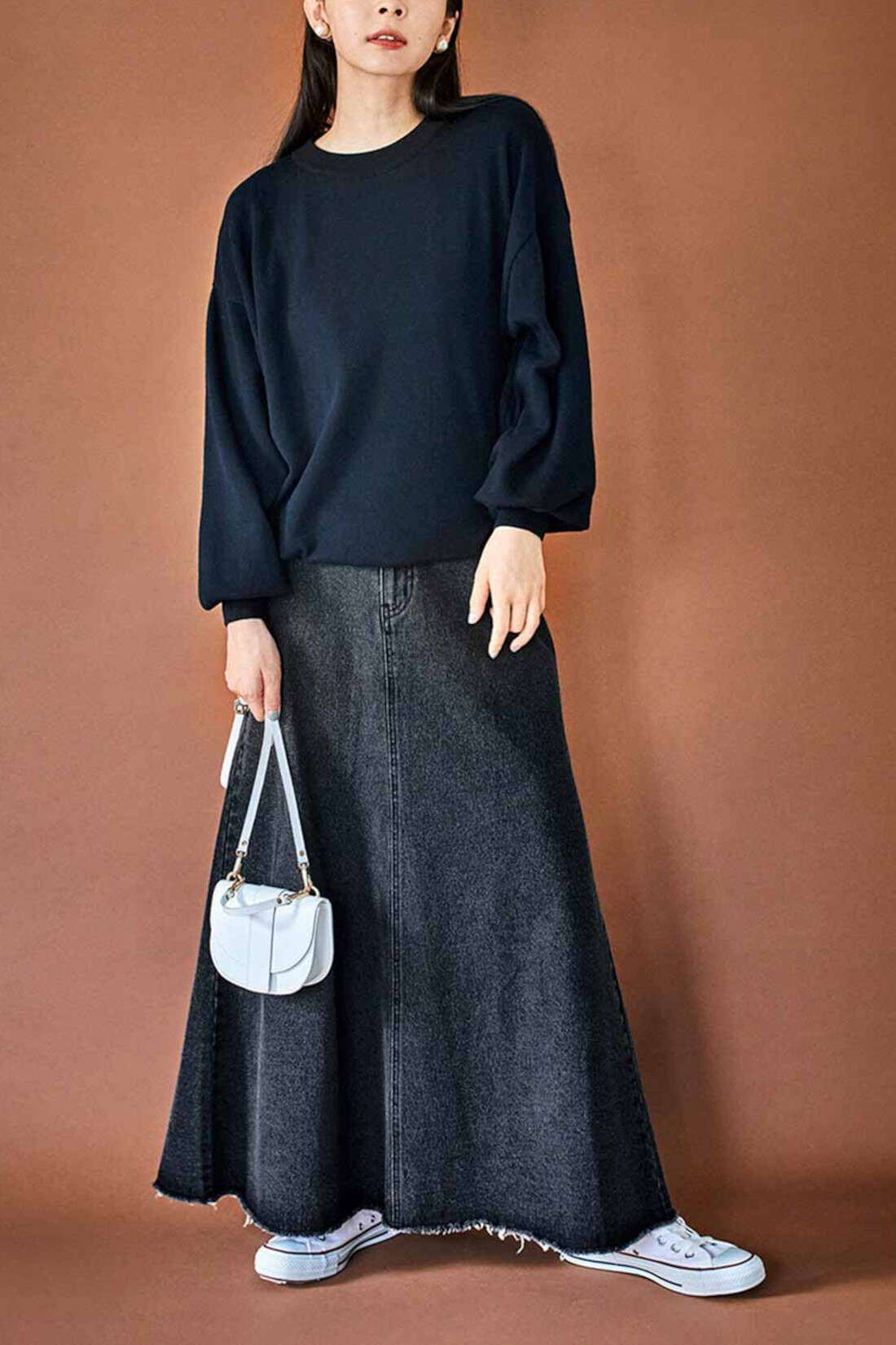 Real Stock|THREE FIFTY STANDARD　カットヘムのブラックデニムスカート