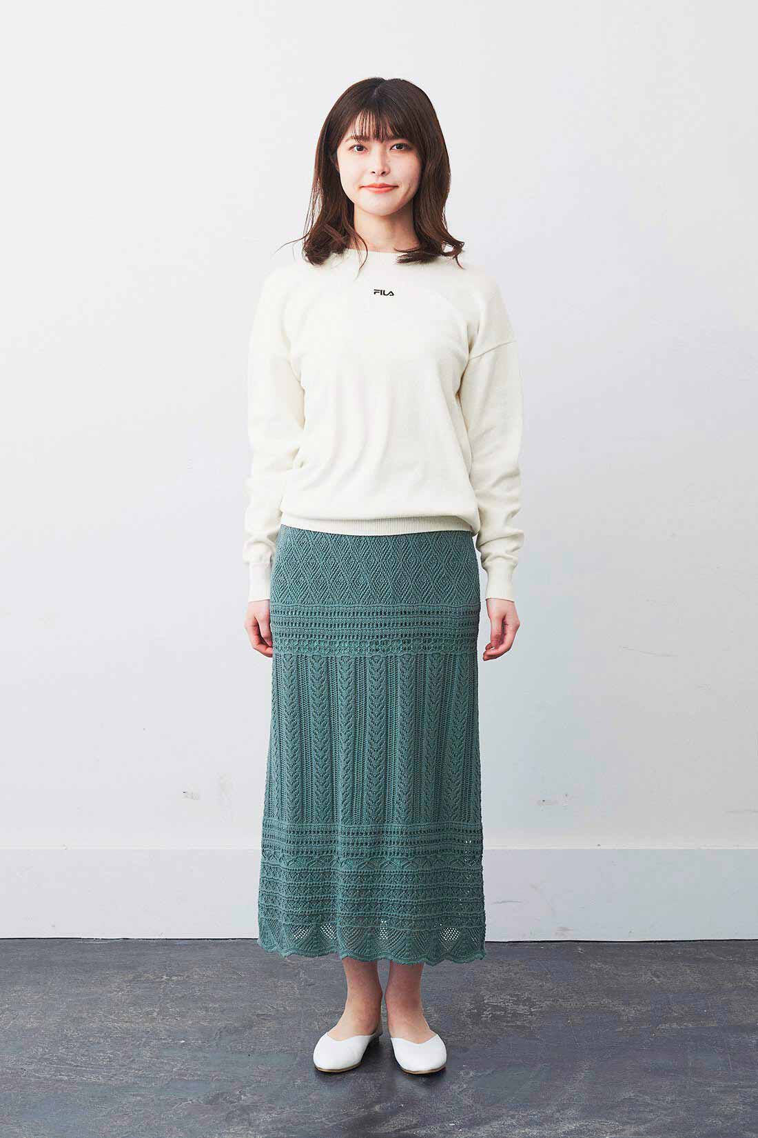 Real Stock|IEDIT[イディット]　クロシェ編み風ロングニットスカート〈グリーン〉|モデル身長：167cm　着用サイズ：M