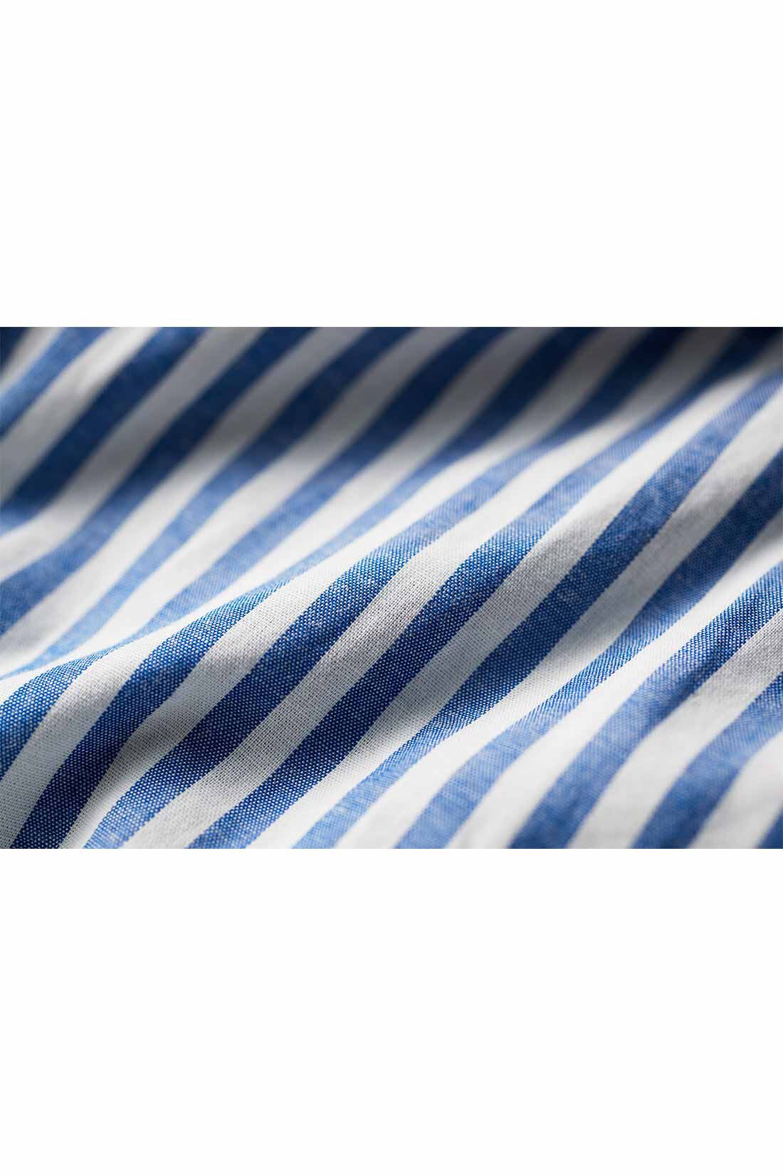 Real Stock|THREE FIFTY STANDARD ストライプのギャザースカート〈ブルー〉|ムラ感のある糸を使用しながらもフラットに織り上げた播州織の先染め生地。