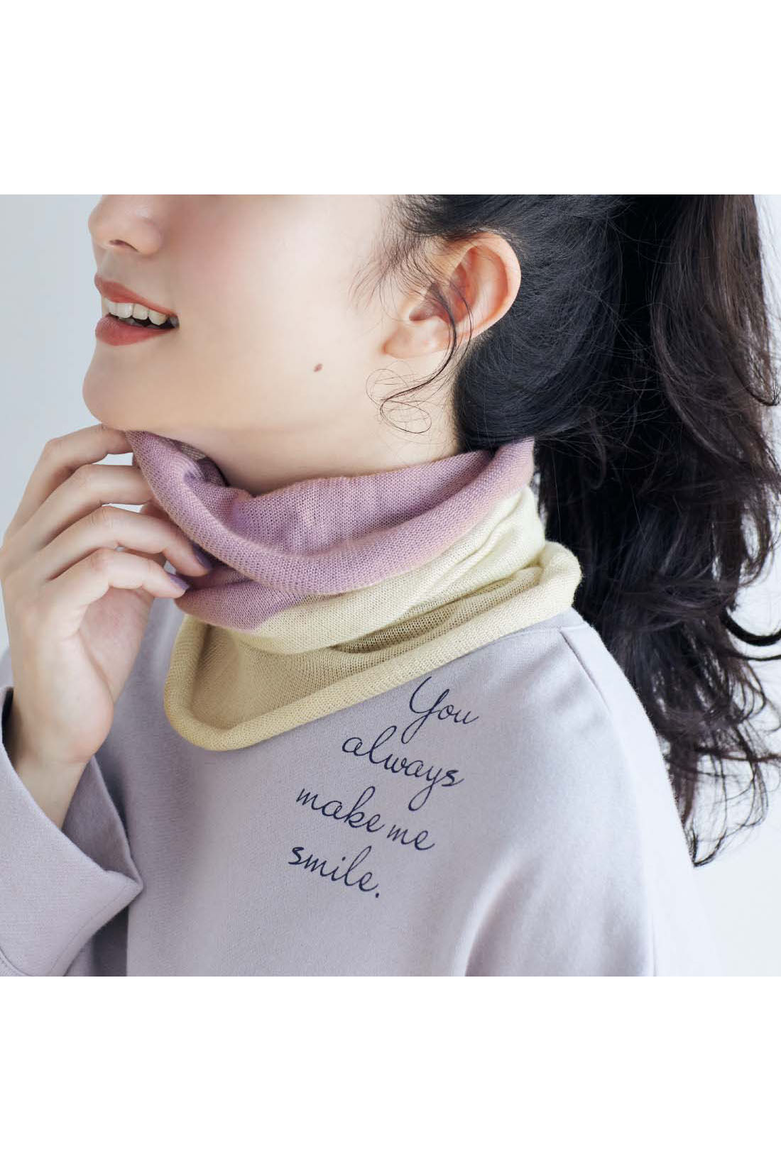 Real Stock|シルク100％なのにふわふわ！ 薄手であたたかな配色ネックウォーマー〈パープル×ベージュ〉【おはだが気になるみんなへ】