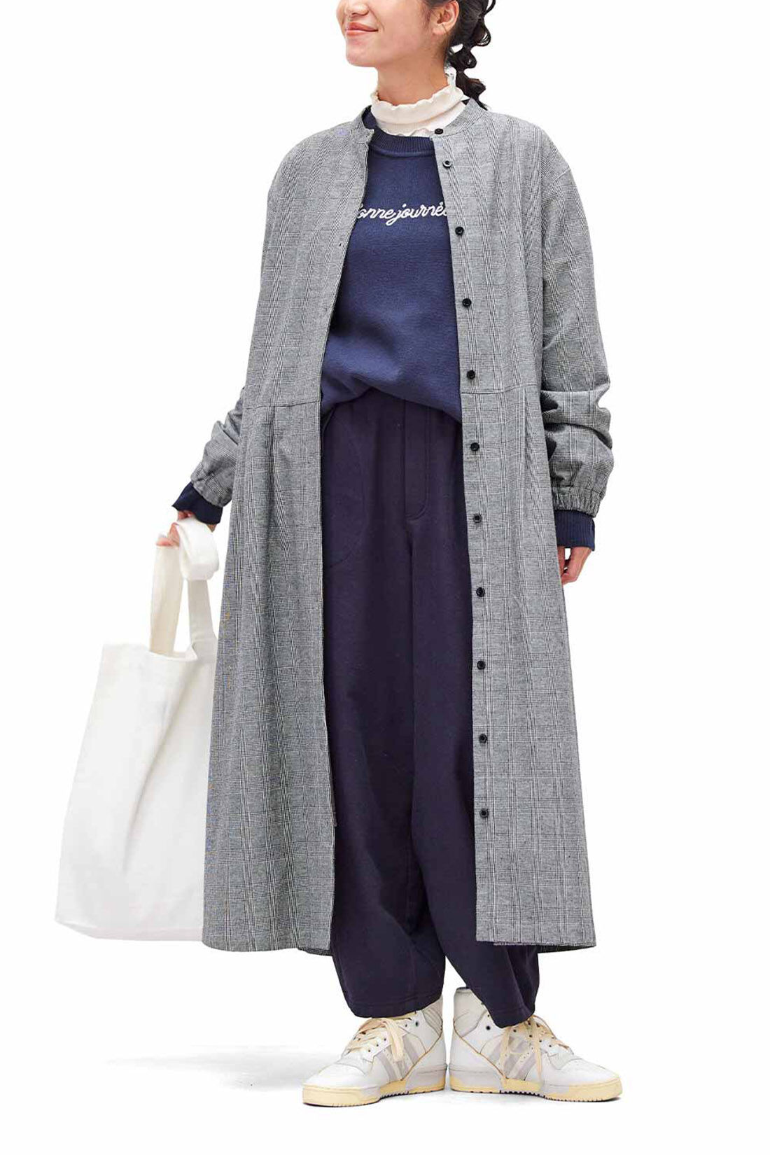 Real Stock|リブ イン コンフォート シンプルライフ研究家 マキさんとつくった 内側フリースのあたたかリネン混ワンピース〈グレンチェック〉