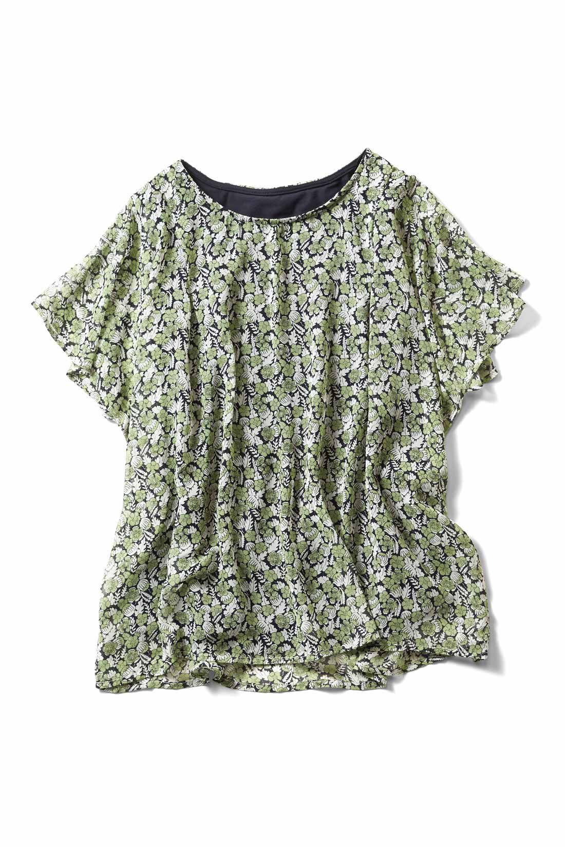 Real Stock|リブ イン コンフォート　Tシャツ感覚で着られる ひらり花柄シフォントップス〈グリーン×ネイビー〉